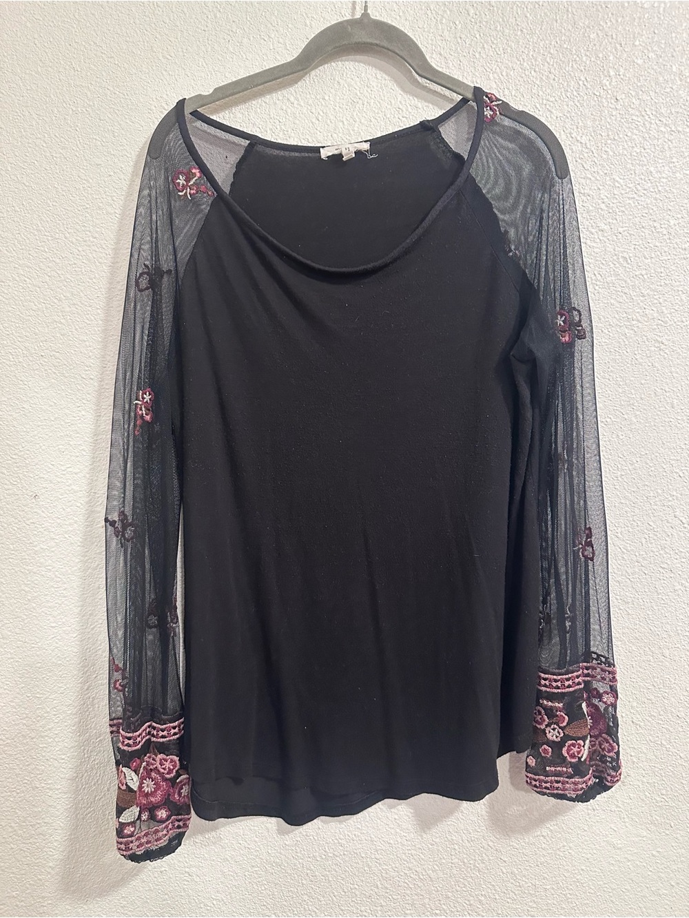 Maurices Black Long Sleeve Top with Floral Embroidered Sheer Sleeves